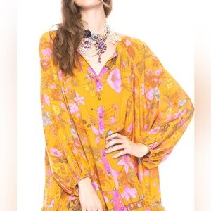 1605. Aratta, Zoe Mustard Floral Pintuck Button-Down Mini Dress nwt